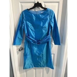 MARIA‎ BARATELLI Blue Silk Sheath Dress Size 6 Boat Neck 3/4 Sleeve